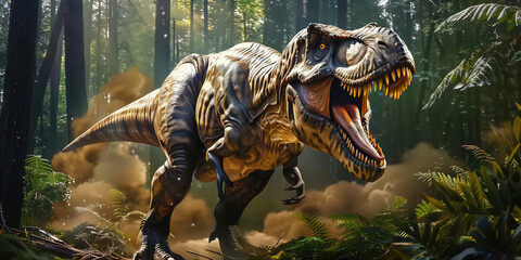 A lifelike digital rendering of a Tyrannosaurus Rex roaring in a dense prehistoric forest	
