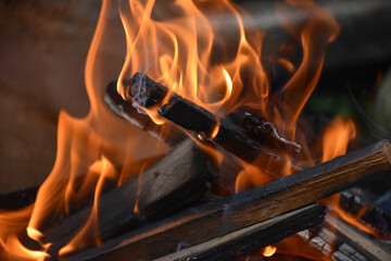 Burning wood for barbecue closeup