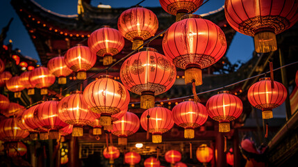 Obraz na płótnie Canvas Vibrant red lanterns illuminate a temple symbolizing good fortune and joy in Chinese culture during festivities