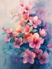 Relaxing ethereal blossoms in watercolor, bright soft pastels, serene and dreamy, soothing elegance - obrazy, fototapety, plakaty
