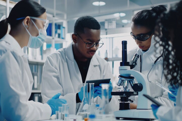 Group of mix race scientist looking using microscope doing analysis of test sample. Biotechnology specialist team, working with advanced equipment in medical science laboratory