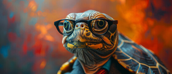 Dapper turtle in a suit with glasses, mid-shot, multicolored abstract backdrop, sharp focus, playful vibe, superrealistic