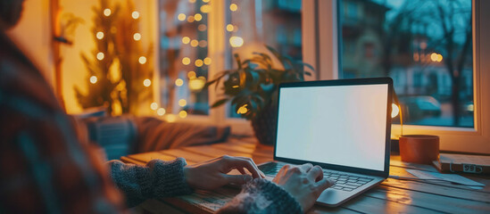 man working on laptop with blank screen near window