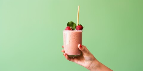Green smoothie in a glass hand on a pink background