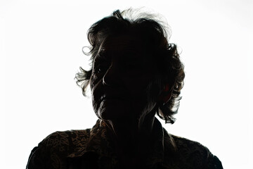 A dark silhouette figure of an elderly woman on white background, with unclear face feature - obrazy, fototapety, plakaty