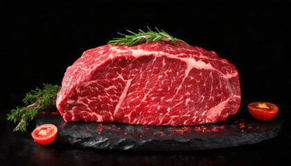 Wagyu raw meat on black background. Fresh marbled beef steak. Tasty and organic food.