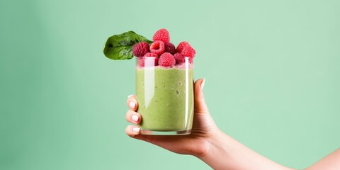 Green smoothie in a glass hand on a pink background