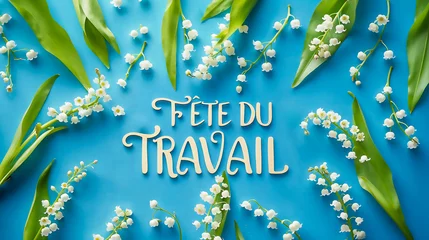 Foto auf Acrylglas texte "Fête du travail" sur fond bleu, entouré de brins de muguet © Fox_Dsign