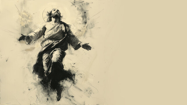 The resurrected Jesus Christ ascending to heaven in charcoal sketch