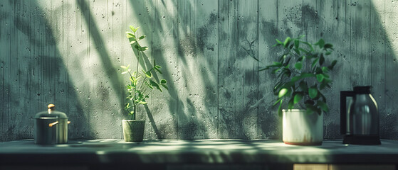 Vintage Window Design, Abstract Shadows and Light Play, Green Plants Adding Life to Old Textured Wall