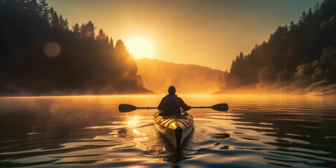 Man kayaking on the river in the early morning. Sport and active lifestyle 