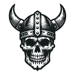 Viking head skull with horned helmet vector illustration, Nordic Scandinavian warrior, suitable for t-shirt, tattoo, logo design. Design template isolated on white background - obrazy, fototapety, plakaty
