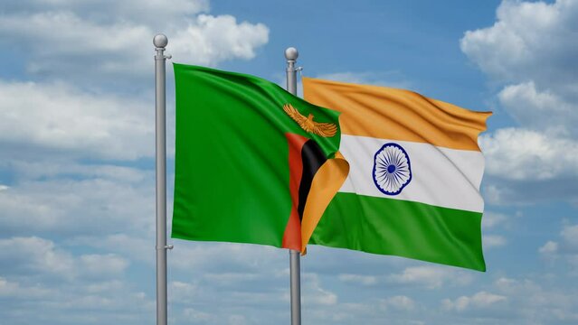 India and Zambia two flags waving together, looped video, two country relations concept