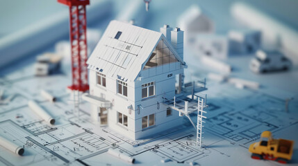 House rising, construction site, crane and blueprint visible, safety equipped, 3D industry view