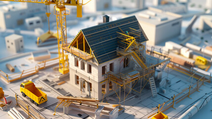 House rising, construction site, crane and blueprint visible, safety equipped, 3D industry view