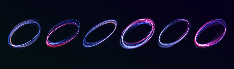 Set of neon blurry light circles at motion . Vector swirl trail effect. Abstract vector fire circles, sparkling swirls and energy light spiral frames.	