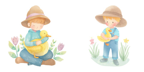 Fototapeta premium cute kid with duck watercolor vector illustration