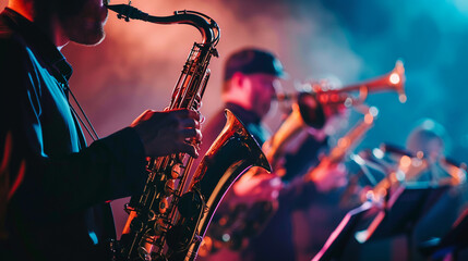 In a display of musical mastery, a jazz band performs on stage, their dynamic and expressive playing captivating the audience, showcasing the timeless allure of jazz music. - obrazy, fototapety, plakaty