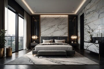 Luxury bedroom interior with black marble walls, tiled floor, comfortable king size bed with two beige armchairs and a large window.