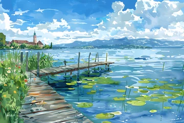 Foto op Plexiglas Malerei des Bodensees: Idyllische Landschaft mit klarem Wasser und Alpenpanorama © Lake Stylez