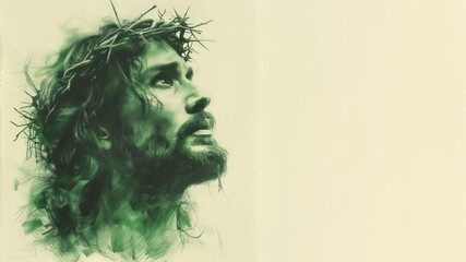 Green watercolor of A man with long hair and beard resembling Jesus Christ