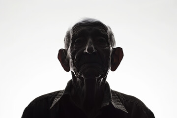 A dark silhouette figure of an elderly man on white background, with unclear face feature - obrazy, fototapety, plakaty
