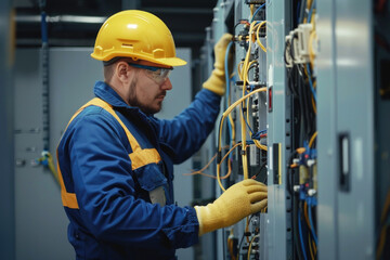 Electrician man works in a switchboard with an electrical connecting cable - 774967138