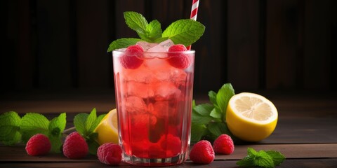 Raspberry lemonade with fresh raspberries and mint on wooden background