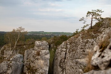 Closeup of a climbing rock against landscape view, the road prepared for climbing
