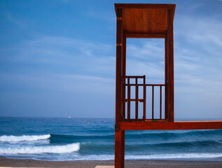 Wooden Lifeguard tower on beach in Spain