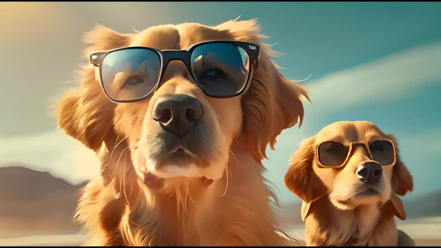 Dogs wearing sunglasses are taking selfies on a bea
