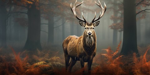 Red deer stag with antlers in a foggy forest