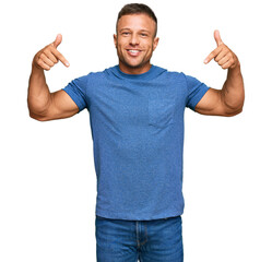 Handsome muscle man wearing casual clothes looking confident with smile on face, pointing oneself...