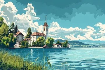 Fotobehang Malerei des Bodensees: Idyllische Landschaft mit klarem Wasser und Alpenpanorama © Lake Stylez