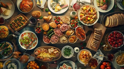 Abundant Food Table Top View, overhead shot of a festive table filled with an abundance of various dishes, bread, and desserts, inviting a communal feast