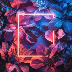 An artistic flat lay display of lush tropical leaves, with a central neon light square casting an ethereal glow.