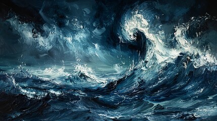 an expressionist style painting with lapping waves presented through dynamic brushwork that gives a sense of movement and the natural power of the sea. - obrazy, fototapety, plakaty