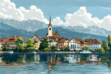 Malerei des Bodensees: Idyllische Landschaft mit klarem Wasser und Alpenpanorama - obrazy, fototapety, plakaty