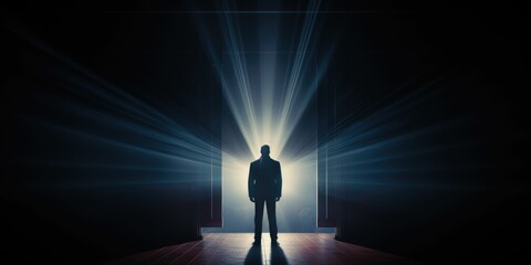 Silhouette of a businessman standing in front of a door with light coming through