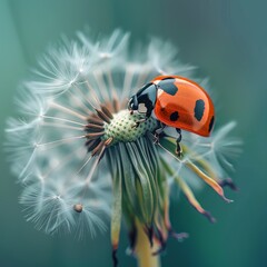 A macro shot of a dandelion with a ladybug exploring its seeds, showcasing the interaction between nature's small wonders.
