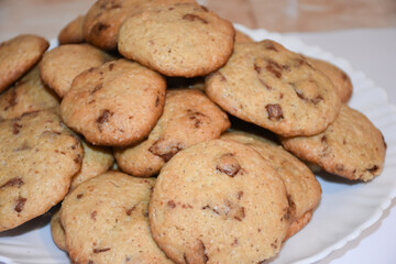  Chocolate chip cookies on a plate. Homemade cookies with chocolate