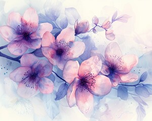 Ethereal blossoms in watercolor, bright and soft pastel hues, serene and relaxing, dreamlike delicacy
