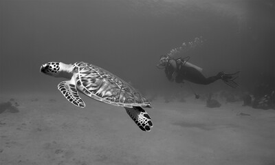 a diver and a sea turtle on a reef in the caribbean sea