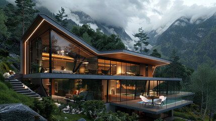 The stunning exterior of a modern villa, situated in the heart of the mountains, features expansive glass architecture, 