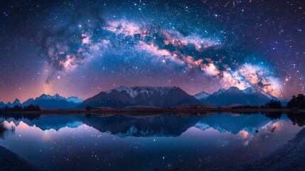 A panoramic photograph capturing the awe-inspiring beauty of a starry sky above a rugged mountain range. The Milky Way arches majestically overhead, its bright core illuminating the scene. - obrazy, fototapety, plakaty