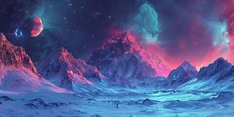 A huge full moon rises above the mountainous landscape dotted with dazzling aurora lights, offering a view that is almost otherworldly. - obrazy, fototapety, plakaty