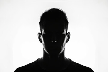 A dark silhouette figure of a man on white background, with unclear face feature - obrazy, fototapety, plakaty