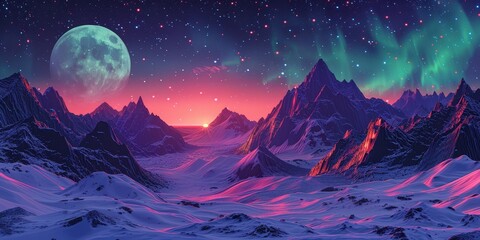 A huge full moon rises above the mountainous landscape dotted with dazzling aurora lights, offering a view that is almost otherworldly.