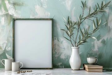 Monet-Inspired Vertical Picture Frame with Olive Branch and Vase