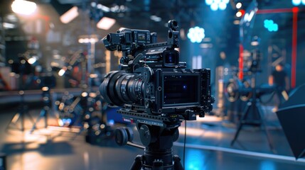 Studio Camera Ready for Action, professional film camera on a tripod, set against the backdrop of a bustling studio, captures the behind-the-scenes anticipation of a production